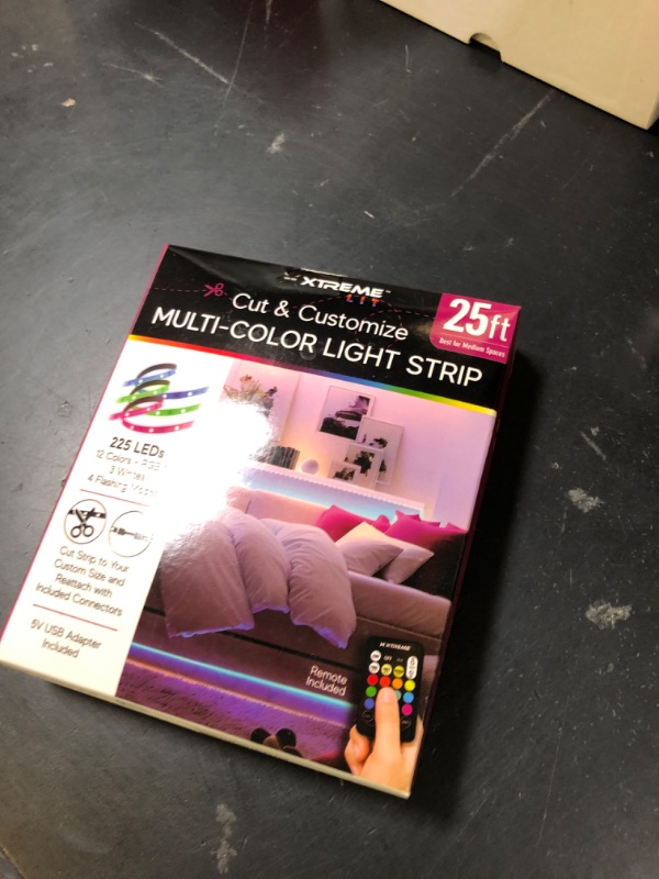Photo 1 of Xtreme Multicolored LED Strip Lights with Remote, 25 Foot RGBW Lights Strip with Adhesive Backing, Cut & Reconnect, Dimmable, 15 Colors, 225 LED Lights, 4 Modes Including Strobe, Flash, Fade & Smooth