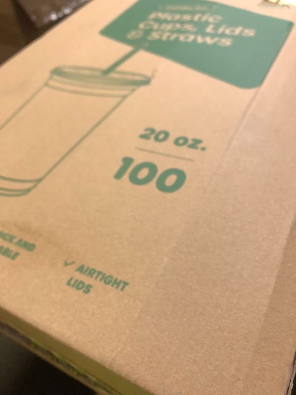 Photo 1 of GUSTO [20 oz. - 100 Count Clear Cups with Flat Lids & Straws - Disposable Clear Drinking Cups for Iced Coffee, Cold Drinks, Milkshakes, and Smoothies - (Formerly Comfy Package)