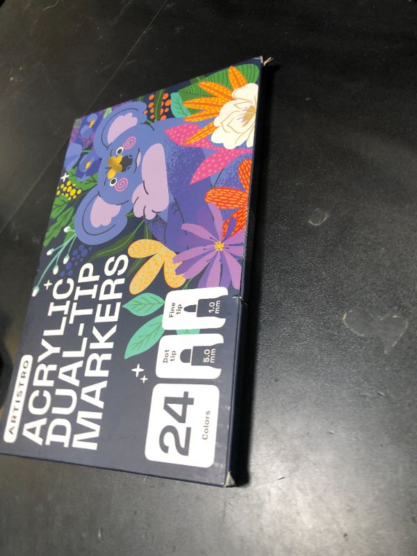Photo 1 of ARTISTRO 24 Dual Tip Acrylic Paint Markers, Acrylic Paint Pens, Fabric Markers for Textile, Rock, Glass, Wood, Paper, Ceramic, Canvas DIY Art Supplies Kit for Kids and Adults (Dual Tip Dot + Fine, 24) DAMAGED PKG
