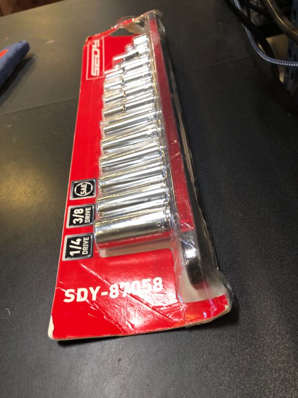 Photo 1 of 12-Piece 1/4" Drive SAE Long Socket Set 3/16" - 9/16" with 1 Piece Magnetic Organizer Rail Rack, Premium 6-Point Deep Socket Assortment with 3/8" to 1/4" Adapter and 1/4" Universal Joint (Red)