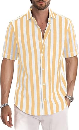 Photo 1 of LRG JMIERR Men's Casual Stylish Short Sleeve Button-Up Striped Dress Shirts Cotton Beach Shirt