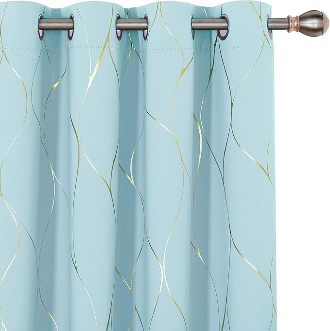 Photo 1 of Deconovo Gold Wave Print Blackout Curtains for Bedroom, Thermal Insulated Curtains for Living Room, Room Darkening Drapes (Sky Blue/Wave, 52x84 Inch, 2 Panels)