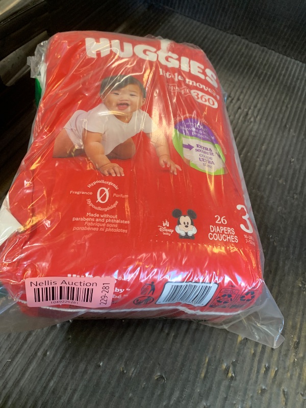 Photo 1 of Huggies Size 3 Baby Diapers, Little Movers HuggFit 360° Baby Diapers with 360° Waistband, Size 3 (16-28 lbs), 26 Count, Packaging May Vary