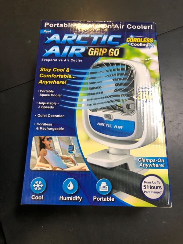 Photo 1 of Arctic Air Grip Go Evaporative Cooler, Cordless & Portable Fan with 3 Speeds, Universal Clamp 360 Degrees Head Swivel, USB Charging, 5-Hour Battery, Personal for Home, Office, Car More, White