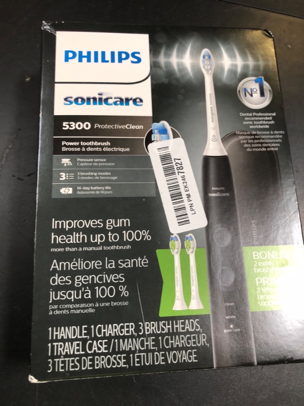 Photo 1 of Philips Sonicare ProtectiveClean 5300 Rechargeable Electric Toothbrush, with Pressure Sensor, 3 Cleaning Modes, SmarTimer and QuadPacer, with 2 Bonus Brush Heads, Travel Case, Black, Model HX6423/34