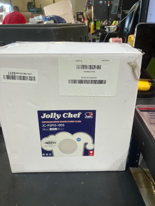 Photo 1 of JOLLY CHEF 100 Pieces Silver Plastic Plates, 10 Inch Disposable Plates White Plate with Silver Rim, Heavy Duty Plastic Plates for Dinner, Birthdays and Weddings