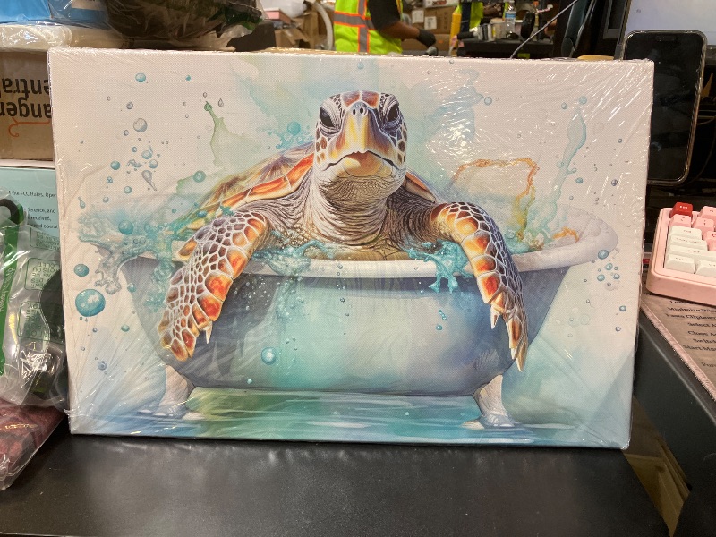 Photo 1 of QIXIANG Sea Turtle Bathroom Wall Art Funny Sea Turtle in Bathtub Canvas Painting Art Ocean Animal Watercolor Pictures Framed Ready to Hang (Sea Turtle 2, 12.00" x 18.00")
