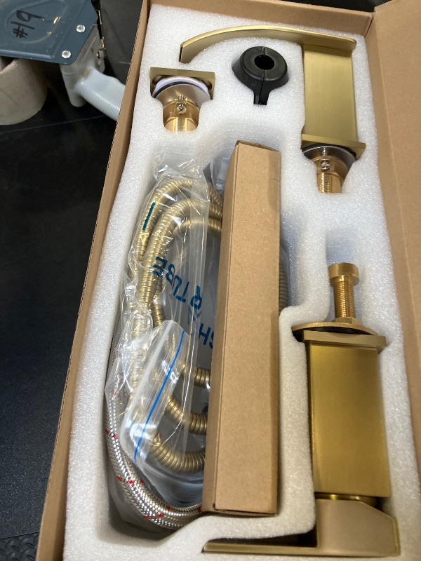 Photo 1 of TapLong Waterfall Roman Tub Faucet with Hand Shower, Deck Mount 3 Hole Bathtub Faucet Set High Flow Bath Tub Faucet Set Deck Mount Solid Brass, Brushed Gold?03766BG
