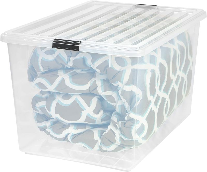 Photo 1 of IRIS USA 132 Qt Stackable Plastic Storage Bins with Lids, 2 Pack - BPA-Free, See-Through Organizing Solution, Latches, Durable Nestable Containers, Secure Pull Handle, Made in USA - Clear
