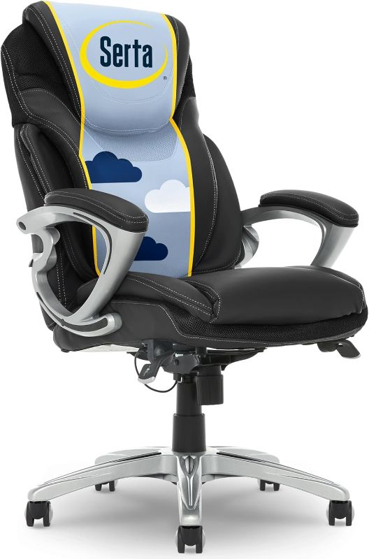 Photo 1 of Serta Bryce Executive Office Chair, Ergonomic Computer DeskChairs with Patented AIR Lumbar Support, Comfy Body Pillows, Height Adjustable, Swivel Base with Wheels, Bonded Leather, Black
