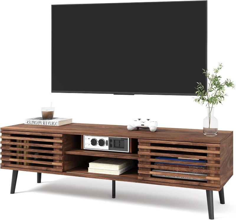 Photo 1 of HAIOOU Mid Century Modern TV Stand, 52" Wooden TV Console with Slatted Sliding Doors and Storage for 50/55/60 Inch TV, Small Entertainment Center Media Console Cabinet for Living Room - Walnut Brown
