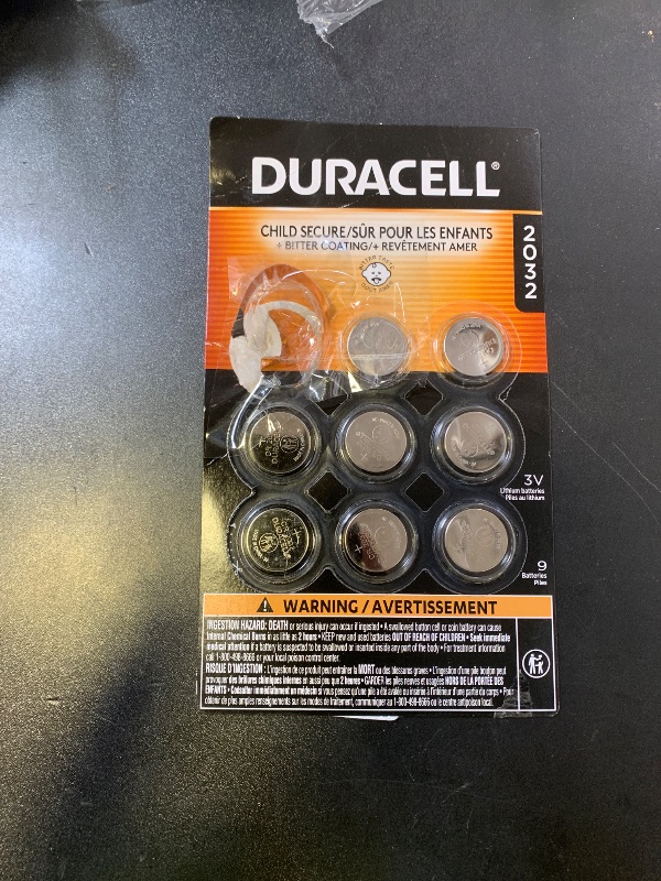 Photo 1 of Duracell 2032 Lithium Battery, 9 Count (Pack of 1), Child Safety Features, Compatible with Key Fob, Tea Light Candles and Other Devices, CR2032 Battery