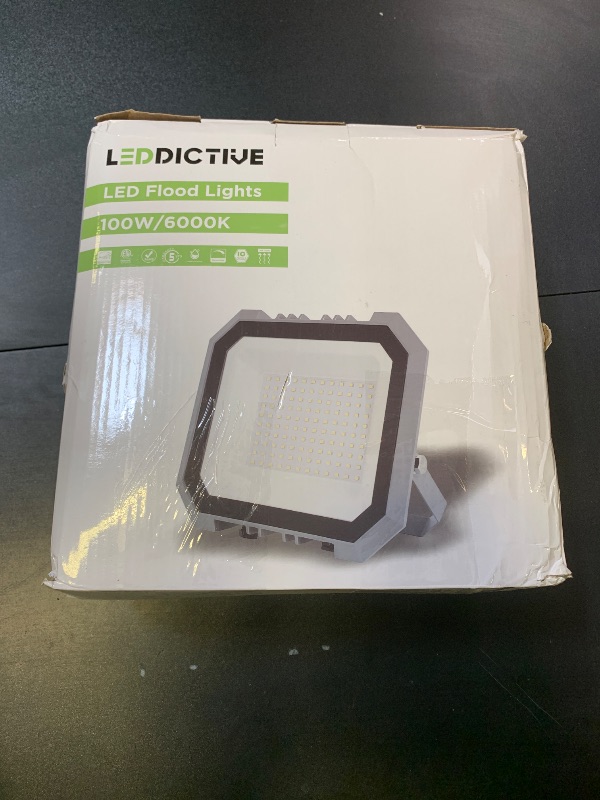 Photo 1 of Leddictive 2 Pack LED Flood Lights Outdoor, 100W 10000LM Super Bright Floodlight Outside Work Light with 5.9FT Plug, IP65 Waterproof 6000K Outdoor LED Flood Light for Garage, Yard, Lawn, Garden