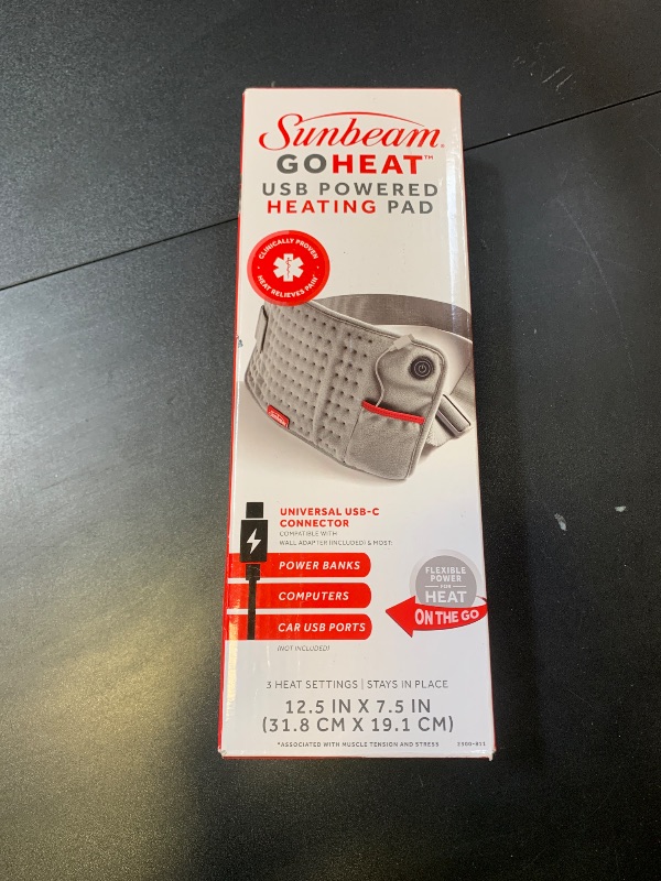 Photo 1 of Sunbeam USB-C Heating Pad - Portable Pain Relief On The Go for Cramps Back Shoulder Arm & Leg Pain 12.5 x 7.5 Grey