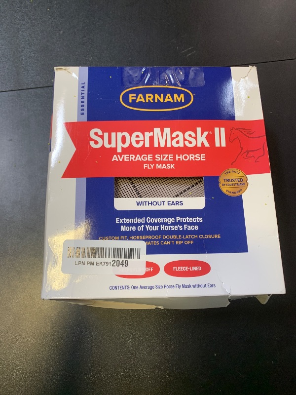 Photo 1 of Farnam SuperMask II horse fly mask without ears, extended coverage, protects eyes from insects and debris, adjustable throat latch, Average Horse Size