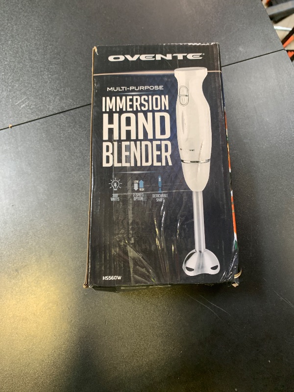 Photo 1 of OVENTE Immersion Hand Blender, 300W Electric Handheld Portable Stick Mixer with 2 Mixing Speed and Stainless Steel Blades for Effortless Blending Smoothies, Shakes, Puree or Baby Food, White HS560W
