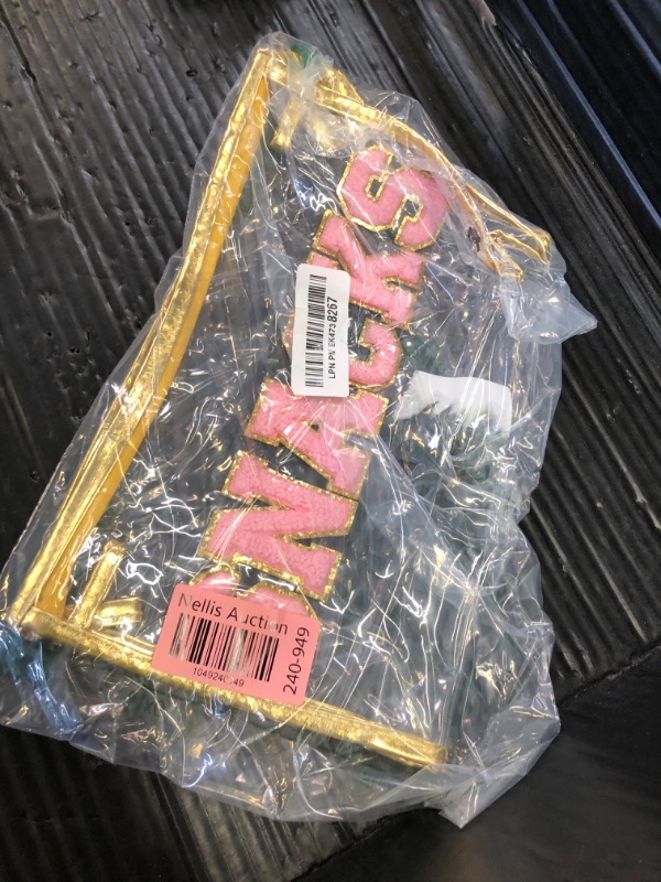 Photo 1 of Y1tvei Large Clear SNACKS Pouch - Preppy Patch Pink Chenille Varsity Letter PVC Transparent Extra Large Cosmetic Makeup Bag Portable Waterproof Beach Travel Organizer Toiletry Bag for Women(Gold)