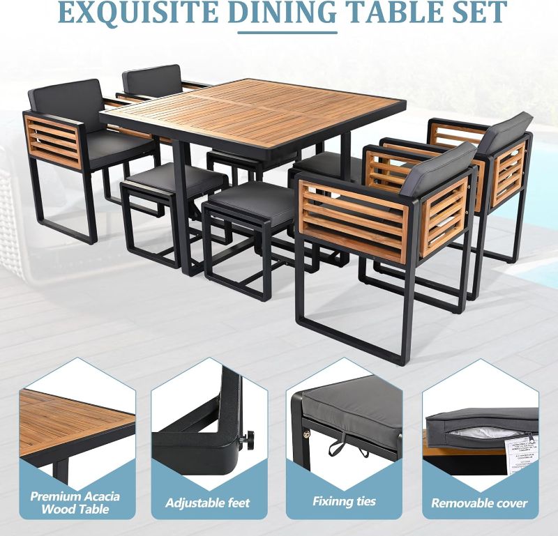 Photo 1 of SENLIHONG 9-Piece Outdoor Dining Set 4 Chairs with Backrest 4 Ottomans in One Square Table for Patio (Gray)