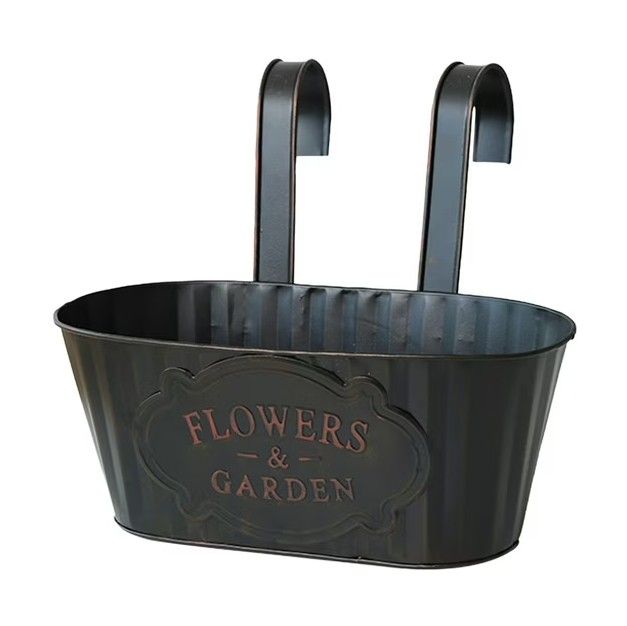 Photo 1 of 2 Pcs 10.8” Metal Railing Planter for Outdoor Plants – 4 Pcs 3.9” Balcony Hanging Flower Pots with Detachable Hooks, Drainage, Oval Bucket Rail Box Fence Planters for Home Garden Décor,