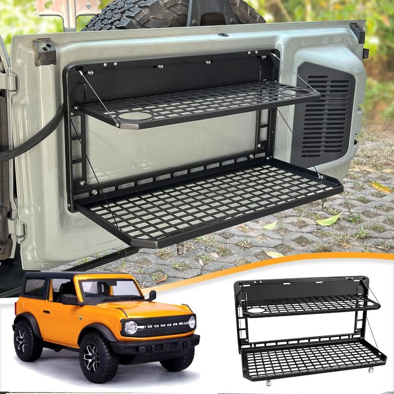 Photo 1 of MAIKER Tailgate Table Folding 2-Tier Rear Camping Cargo Storage Shelf for Ford Bronco Accessories 2021 2022 2023 2/4 Doors, Aluminum Alloy
