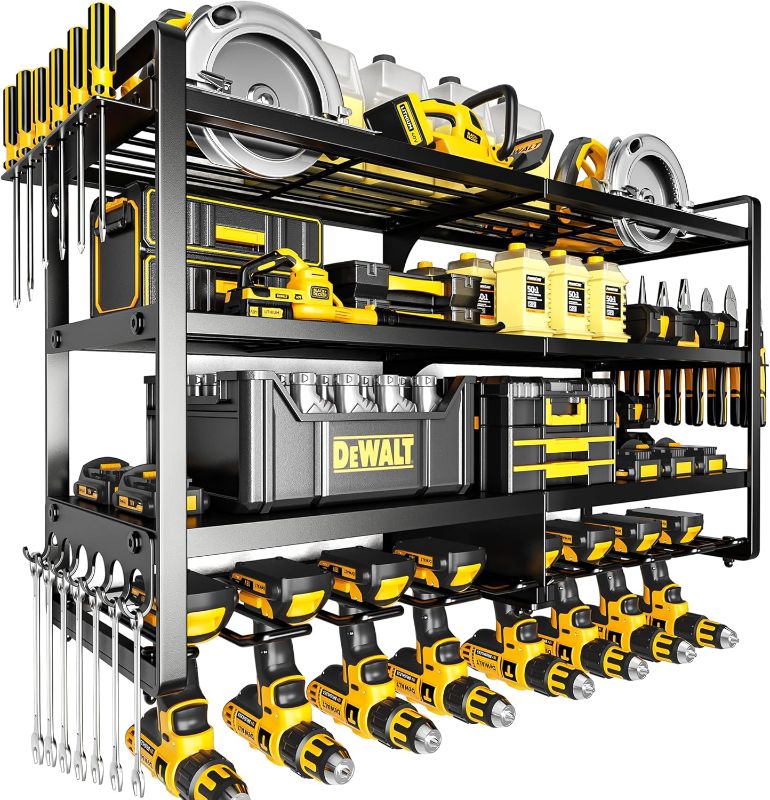 Photo 1 of Large Power Tool Organizer Wall Mount,4 Layers Heavy Duty Metal Loads 400lbs,Power Tool Shelf Battery Storage with 8 Cordless Drill Holder,Utility Racks for Garage Workshop
