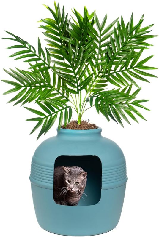 Photo 1 of Good Pet Stuff Hidden Cat Litter Box Enclosure with Artificial Plant, Decorative Round Planter, Vented Carbon Charcoal Filter for Odor Control, Easy-to-Clean, Made in USA, Base Kit, Blue