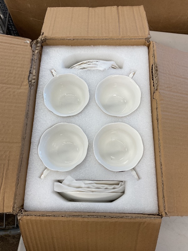 Photo 1 of PRECITIME White Porcelain 8-Piece Tea and Coffee Cup Set – Ceramic 6oz Cups and Saucers set of 8, Elegant Scalloped Edge Design, Perfect for Tea, Coffee, and Special Occasions, Gifts