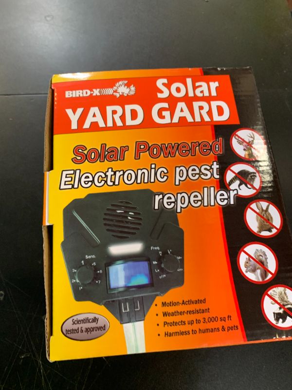 Photo 1 of Bird-X Solar Yard Gard, Ultrasonic and Solar-Powered Animal Decoy Device with Motion Sensor, Easy to Install, Covers up to 3,000 sq. ft., 15-25 kHz Frequency, 8.5" x 7" x 4"
