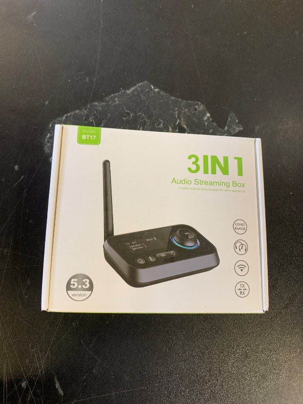 Photo 1 of Ainostone Bluetooth Transmitter Receiver 3-in-1 Bluetooth 5.3 Audio Adapter for 2 Headphones with Bypass Volume Control ON/Off Switch LCD Display 3.5mm Aux/Optical/RCA for Home Stereo TV Speaker PC