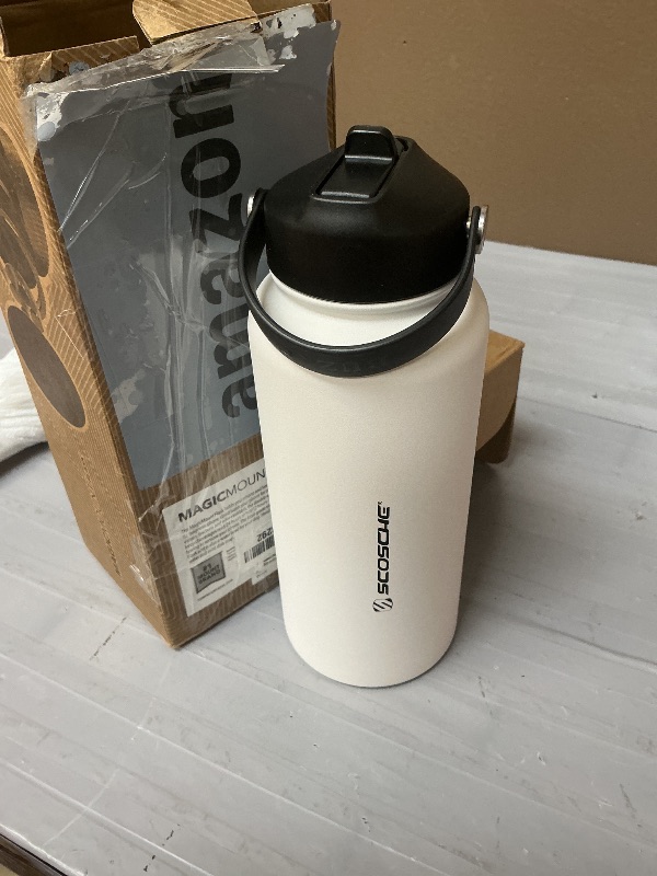 Photo 1 of Scosche MFMS32 MagicMount Flask 32 oz Stainless Steel Water Bottle with MagSafe Phone Mount Stand, 12H Hot & 24H Cold, Insulated Flask with Magnetic Phone Holder for Gym, Travel, Sports, 32oz White