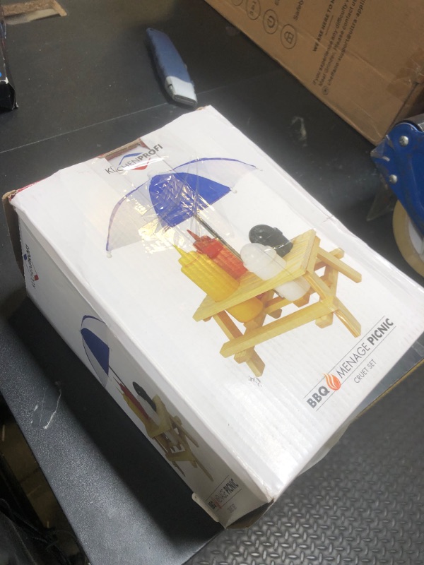 Photo 1 of Küchenprofi Picnic Table with Umbrella Condiment Set Includes Ketchup, Mustard, Salt and Pepper, 7.08" x 4.72" x 9.44", Multicolored - Picnic Table Ketchup and Mustard Holder - Picnic Set