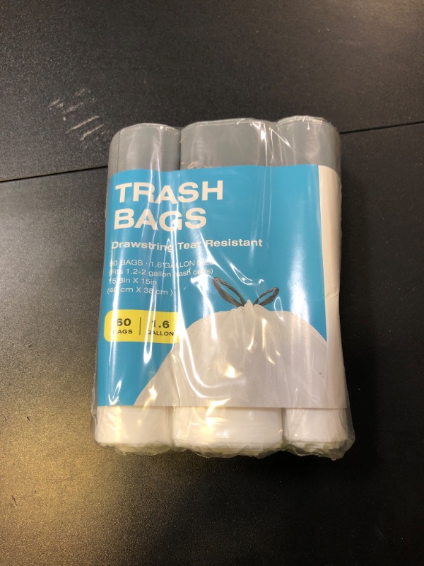 Photo 1 of 120 Counts 1.6 Gallon Mini Drawstring Trash Bags, Small Garbage Bags by KSSKSS, Code a fit 4.5-8 Liter, 1.2-2 Gal, White Trash Bin Liners for Home Office Kitchen Bathroom Bedroom