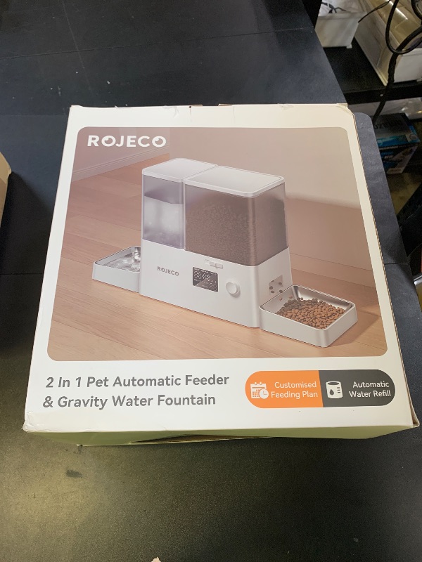 Photo 1 of Rojeco 36Cups/8.5L Pet Automatic Cat Feeder and Gravity Water Dispenser,Stainless Steel Bowls 2-in-1 Set Large Capacity 5L Food Feeder and 3.5L Water Fountain for Cats,Pets,Small Dogs,Puppies,Kittens
