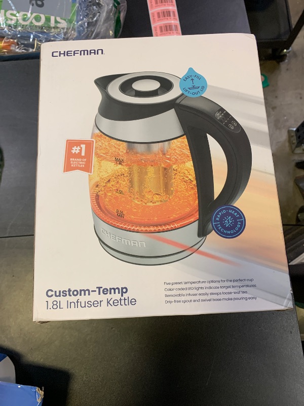 Photo 1 of Chefman Electric Kettle with Temperature Control, 5 Presets LED Indicator Lights, Removable Tea Infuser, Glass Tea Kettle & Hot Water Boiler, 360° Swivel Base, BPA Free, Stainless Steel, 1.8 Liters