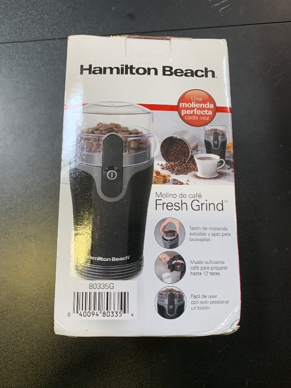 Photo 1 of Hamilton Beach Fresh Grind Electric Coffee Grinder for Beans, Spices and More, Stainless Steel Blades, Removable Chamber, Makes up to 12 Cups, Black
