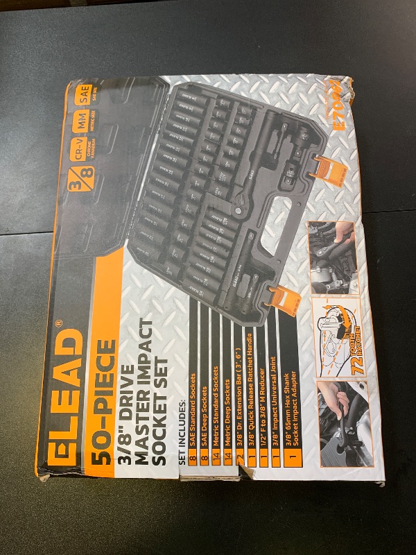 Photo 1 of 3/8'' Drive Impact Socket Set - 50-Piece Shallow & Deep Socket Set Metric and Standard Full with Universal Joint, Extension Bar, 1/2 to 3/8 Reducer, Hex Shank Socket Adapter, Ratchet Handle