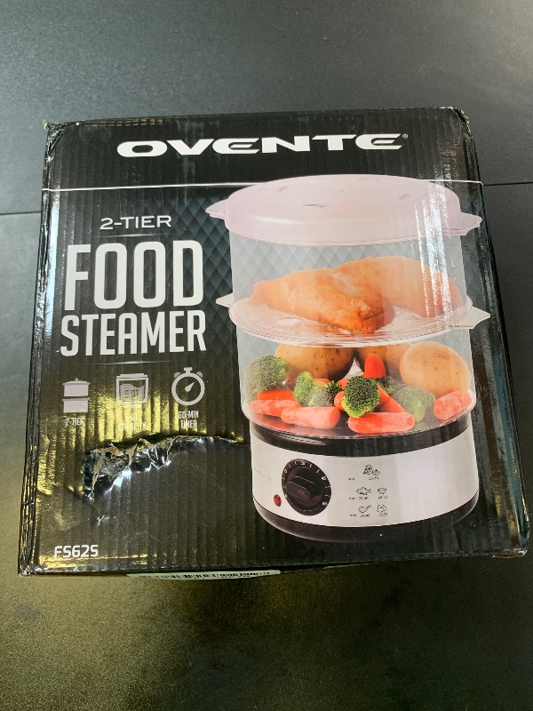 Photo 1 of OVENTE 2 Tier Electric Food Steamer for Cooking Vegetables, Stainless Steel Base, Stackable and Dishwasher Safe Baskets, 400W with Auto Shutoff and 60-Minute Timer, 5 Quart Capacity, Silver FS62S