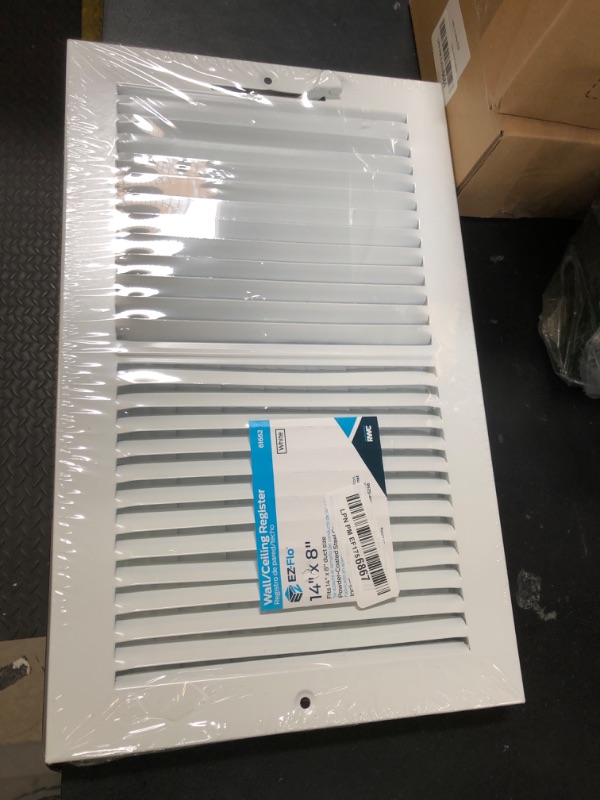 Photo 1 of EZ-FLO 14 x 8 Inch (Duct Opening) Air Vent Cover for Wall or Ceiling, Two-Way Ventilation Register, Solid Steel HVAC Register Cover, White, 61662