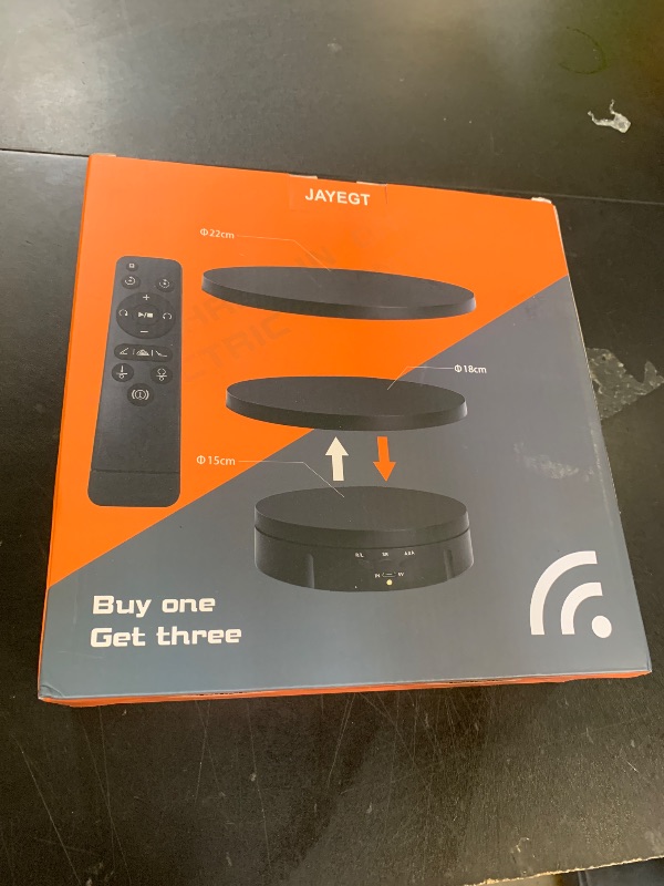 Photo 1 of JAYEGT 3 in1 Motorized Rotating Display Stand with 5.74 /7.08/ 8.66 inch Replacement Cover?Max 22lbs Load?360 Electronic Turntable for Photography Products (3 in1 / Black/ With Remote controller)