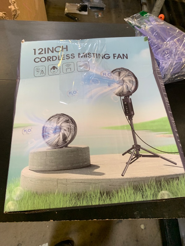 Photo 1 of Misting Fan Portable, 20000mAh 12-Inch Outdoor Misting Fan for Patios Outside, 2 In 1 Pedestal & Tabletop Oscillating Fans with Misting Kit, Rechargeable Cooling Fans with Remote/Mist/7 Gear/Timer