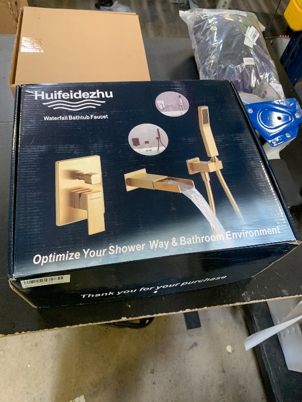 Photo 1 of Wall Mount Tub Filler Brushed Gold Waterfall Tub Faucet, Bathtub Faucet with Sprayer, Wall Tub Faucet with Hand Shower, High Flow Brass Tub Filler Spout, with Valve, Single Handle - Huifeidezhu