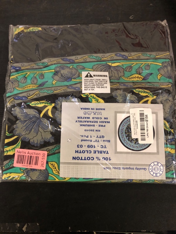 Photo 1 of India Arts French Floral Round Cotton Tablecloth 70" Blue on Black