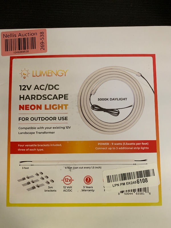 Photo 1 of LUMENGY Outdoor Hardscape Neon LED Strip Light, 12V AC/DC, IP67 Waterproof, 6 Feet with 12 Mounting Plates, 5000K Daylight