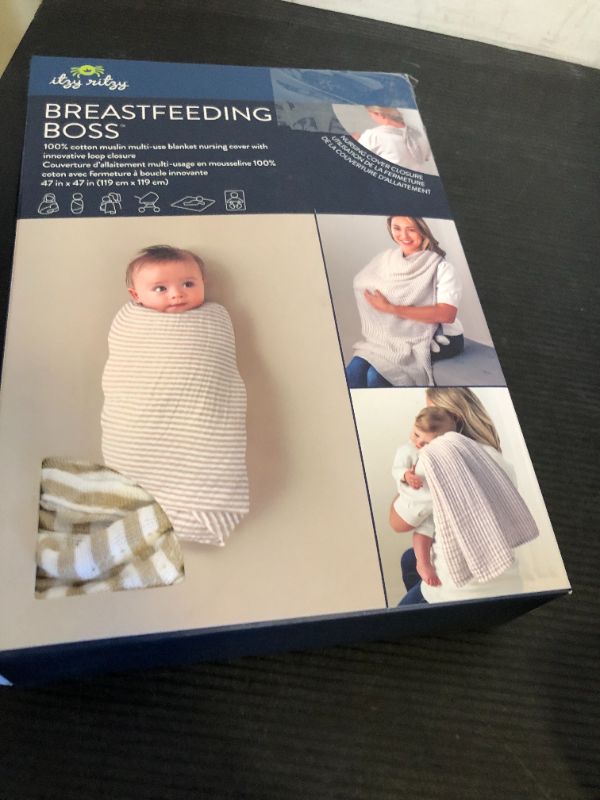 Photo 1 of Itzy Ritzy Breastfeeding Boss Multi-Use Cover – A Nursing Cover, Swaddle, Car Seat Cover, Tummy Time Mat & Burp Cloth All in One – Made of Soft Muslin Fabric & Measures 47” x 47” (Taupe Stripe)