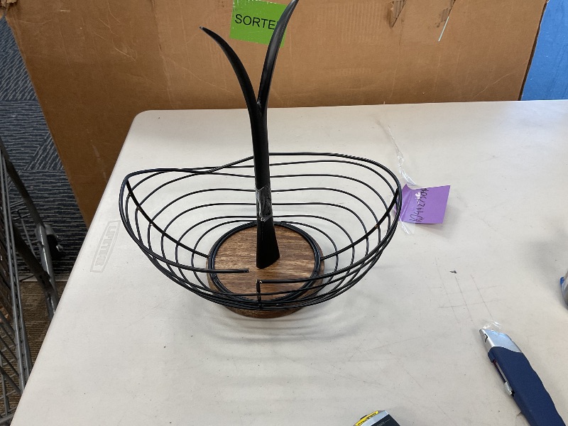 Photo 1 of Modern Farmhouse Fruit Basket for Kitchen Counter, Vintage Wire and Wooden Base Fruit Bowl for Kitchen Decor, Fruit & Vegetables Storage Basket/Bowl
