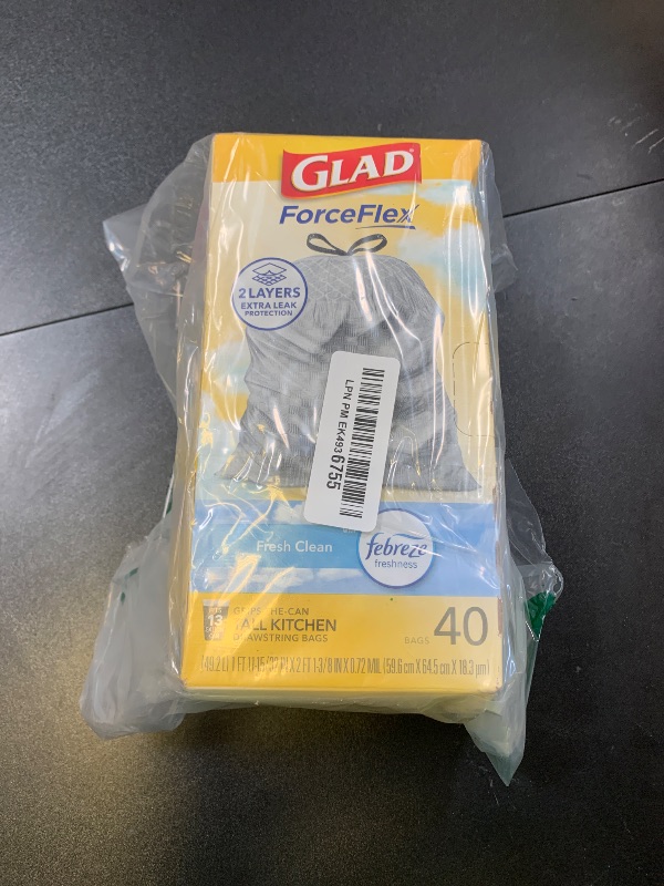 Photo 1 of Glad ForceFlex Drawstring Trash Bags, 13 Gal, Fresh Clean, 40 Ct (Package May Vary)
