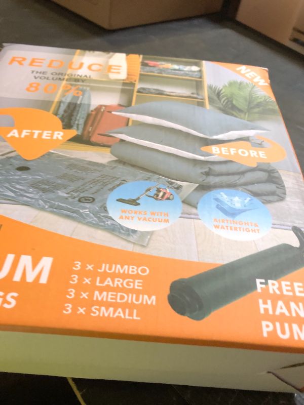 Photo 1 of 12 Pack Vacuum Storage Bags (3 Jumbo, 3 Large, 3 Medium, 3 Small),Plastic Packaging Bags,Space Saver Sealer Compression Bags with Travel Hand Pump for Blankets, Comforters, Pillows, Clothes Storage