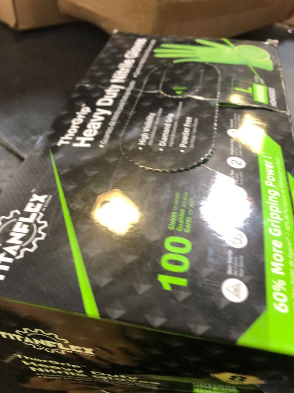 Photo 1 of TITANflex Thor Grip Heavy Duty Green Industrial Nitrile Gloves, 8-mil, Large, Box of 100, Gloves Disposable Latex Free with Raised Diamond Texture Grip, Powder Free, Rubber Mechanic (HD45G03)