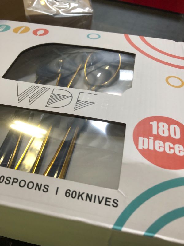 Photo 1 of WDF 180PCS Blue Plastic Silverware -Blue and Gold Plastic Cutlery 60 Forks, 60 Knives, 60 Spoons - Heavy Duty Disposable Silverware for Party/Wedding