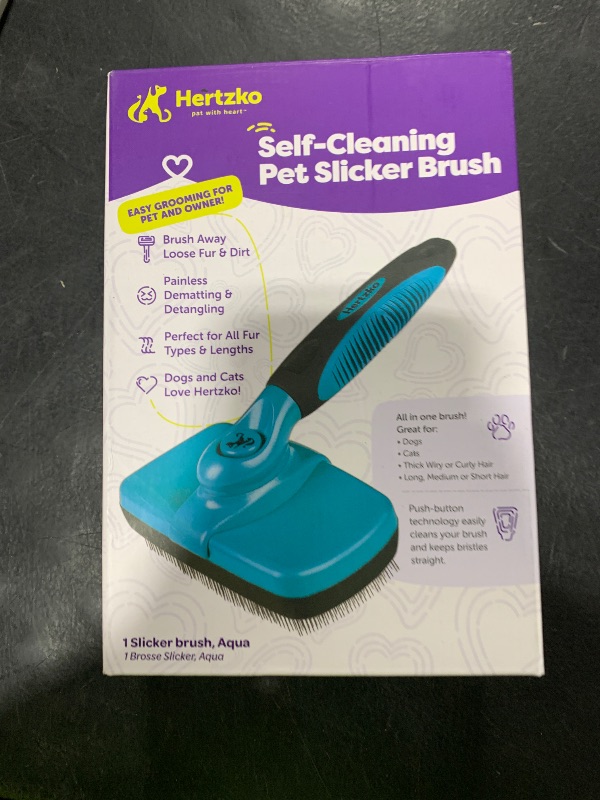 Photo 1 of Hertzko Dog Brush for Shedding - Self Cleaning Slicker Brush for Dogs and Cats - Gently Removes Loose Hair, Tangles, and Dirt - Grooming Brush Suitable for Long or Short Coats - Aqua
